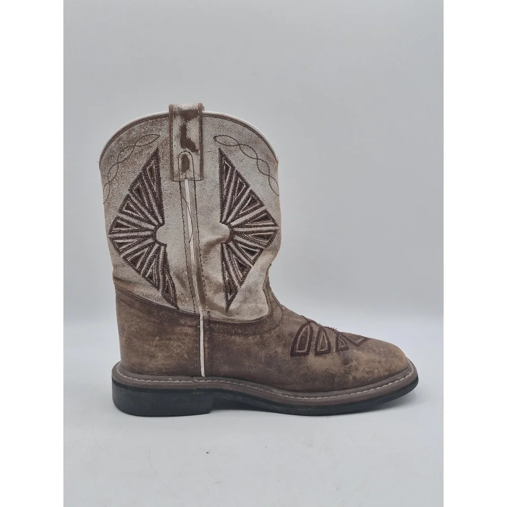 Dan Post‎ Western Boots Kids Size 2 Brown Leather Geometric Stitch Square Toe